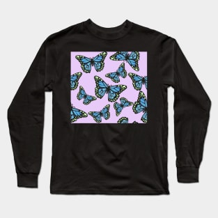 Blue Monarch Butterflies on Pastel Purple Long Sleeve T-Shirt